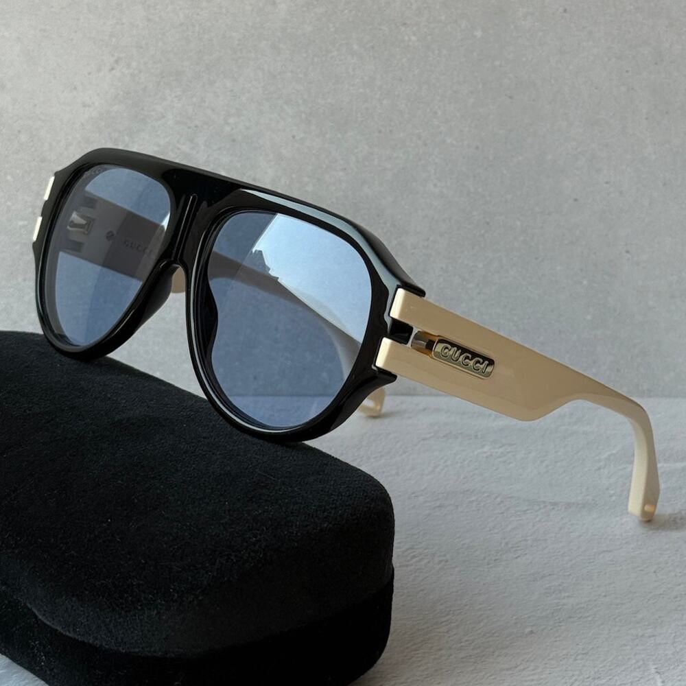NEW Gucci GG0665S Black Blue Lens Aviator Sunglasses $650